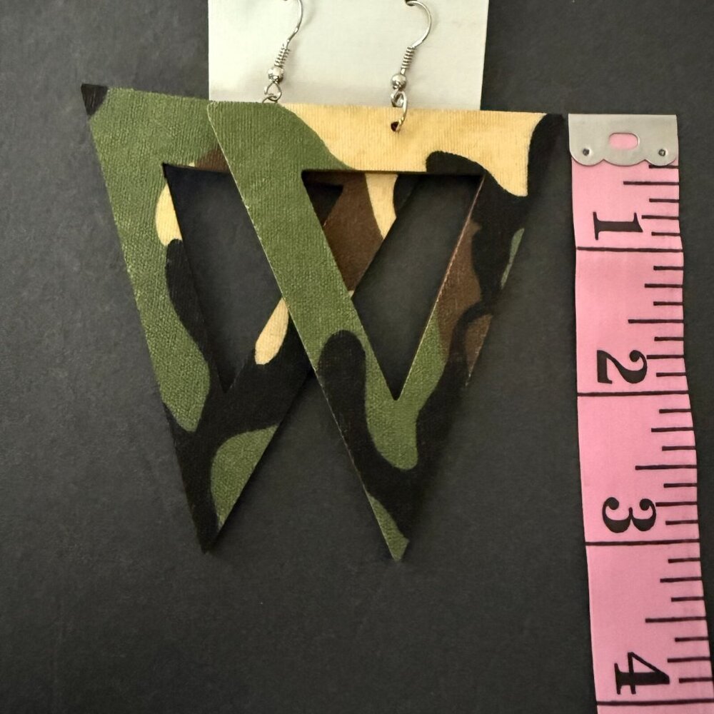 NOC Geometric Green Camouflage Triangle Wooden Fabric Drop Earrings Lightweight - Picture 3 of 5